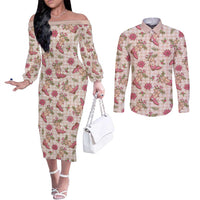 Beige Paniolo Palaka Hawaiian Cowgirl Christmas Couples Matching Off The Shoulder Long Sleeve Dress and Long Sleeve Button Shirt - Polynesian Pride
