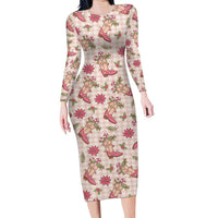 Beige Paniolo Palaka Hawaiian Cowgirl Christmas Long Sleeve Bodycon Dress - Polynesian Pride