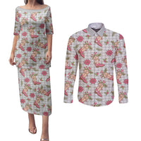Gray Paniolo Palaka Hawaiian Cowgirl Christmas Couples Matching Puletasi and Long Sleeve Button Shirt - Polynesian Pride