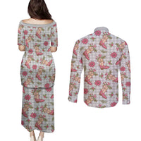 Gray Paniolo Palaka Hawaiian Cowgirl Christmas Couples Matching Puletasi and Long Sleeve Button Shirt - Polynesian Pride