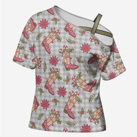 Gray Paniolo Palaka Hawaiian Cowgirl Christmas Cross Shoulder Shirt - Polynesian Pride