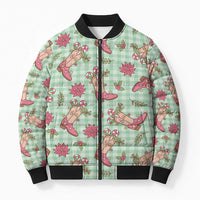Green Paniolo Palaka Hawaiian Cowgirl Christmas Bomber Puffer Jacket - Polynesian Pride