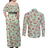 Green Paniolo Palaka Hawaiian Cowgirl Christmas Couples Matching Off Shoulder Maxi Dress and Long Sleeve Button Shirt - Polynesian Pride
