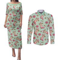 Green Paniolo Palaka Hawaiian Cowgirl Christmas Couples Matching Puletasi and Long Sleeve Button Shirt LT9 Green - Polynesian Pride