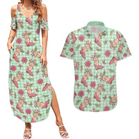 Green Paniolo Palaka Hawaiian Cowgirl Christmas Couples Matching Summer Maxi Dress and Hawaiian Shirt - Polynesian Pride