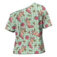 Green Paniolo Palaka Hawaiian Cowgirl Christmas Cross Shoulder Shirt - Polynesian Pride
