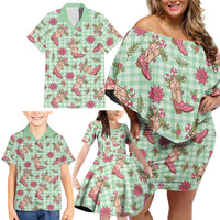 Green Paniolo Palaka Hawaiian Cowgirl Christmas Family Matching Off Shoulder Short Dress and Hawaiian Shirt - Polynesian Pride