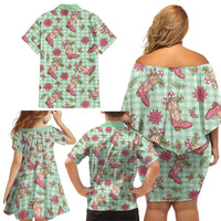 Green Paniolo Palaka Hawaiian Cowgirl Christmas Family Matching Off Shoulder Short Dress and Hawaiian Shirt - Polynesian Pride
