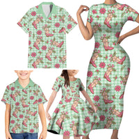 Green Paniolo Palaka Hawaiian Cowgirl Christmas Family Matching Short Sleeve Bodycon Dress and Hawaiian Shirt - Polynesian Pride