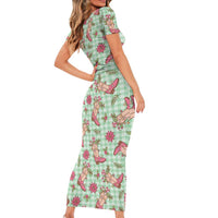 Green Paniolo Palaka Hawaiian Cowgirl Christmas Family Matching Short Sleeve Bodycon Dress and Hawaiian Shirt - Polynesian Pride