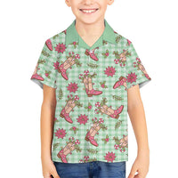 Green Paniolo Palaka Hawaiian Cowgirl Christmas Family Matching Short Sleeve Bodycon Dress and Hawaiian Shirt - Polynesian Pride