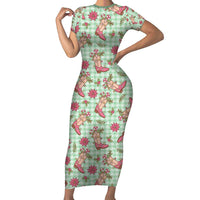 Green Paniolo Palaka Hawaiian Cowgirl Christmas Short Sleeve Bodycon Dress - Polynesian Pride