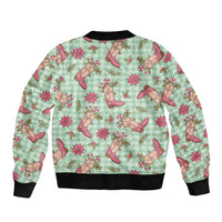 Green Paniolo Palaka Hawaiian Cowgirl Christmas Sleeve Zip Bomber Jacket - Polynesian Pride