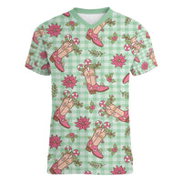 Green Paniolo Palaka Hawaiian Cowgirl Christmas Women V-Neck T-Shirt LT9 Female Green - Polynesian Pride