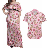 Pink Paniolo Palaka Hawaiian Cowgirl Christmas Couples Matching Off Shoulder Maxi Dress and Hawaiian Shirt - Polynesian Pride