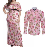 Pink Paniolo Palaka Hawaiian Cowgirl Christmas Couples Matching Off Shoulder Maxi Dress and Long Sleeve Button Shirt - Polynesian Pride