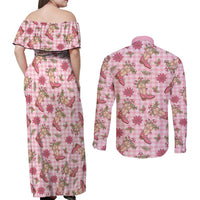 Pink Paniolo Palaka Hawaiian Cowgirl Christmas Couples Matching Off Shoulder Maxi Dress and Long Sleeve Button Shirt - Polynesian Pride
