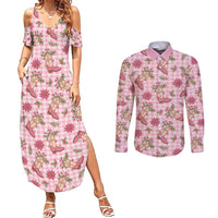 Pink Paniolo Palaka Hawaiian Cowgirl Christmas Couples Matching Summer Maxi Dress and Long Sleeve Button Shirt - Polynesian Pride