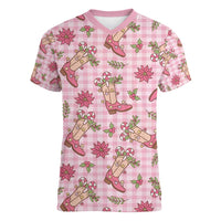 Pink Paniolo Palaka Hawaiian Cowgirl Christmas Women V-Neck T-Shirt LT9 Female Pink - Polynesian Pride