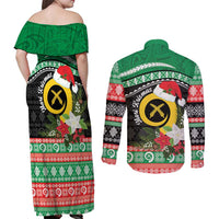 Vanuatu Pig's Tusk Meri Krismas! Couples Matching Off Shoulder Maxi Dress and Long Sleeve Button Shirt Vanuatuan Sand Drawing Pattern - Polynesian Pride