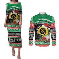 Vanuatu Pig's Tusk Meri Krismas! Couples Matching Puletasi and Long Sleeve Button Shirt Vanuatuan Sand Drawing Pattern LT9 Green - Polynesian Pride