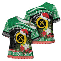 Vanuatu Pig's Tusk Meri Krismas! Cross Shoulder Shirt Vanuatuan Sand Drawing Pattern - Polynesian Pride