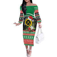 Vanuatu Pig's Tusk Meri Krismas! Family Matching Off The Shoulder Long Sleeve Dress and Hawaiian Shirt Vanuatuan Sand Drawing Pattern - Polynesian Pride