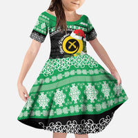 Vanuatu Pig's Tusk Meri Krismas! Family Matching Off Shoulder Short Dress and Hawaiian Shirt Vanuatuan Sand Drawing Pattern LT9 Daughter's Dress Green - Polynesian Pride