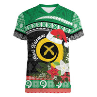 Vanuatu Pig's Tusk Meri Krismas! Women V-Neck T-Shirt Vanuatuan Sand Drawing Pattern - Polynesian Pride