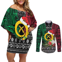 Vanuatu Pig's Tusk Meri Krismas! Couples Matching Off Shoulder Short Dress and Long Sleeve Button Shirt Vanuatuan Ancient Art Spirit - Polynesian Pride