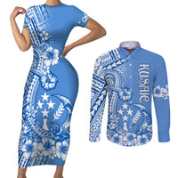 Kosrae Constitution Day Personalised Couples Matching Short Sleeve Bodycon Dress and Long Sleeve Button Shirt Kusaie Hook Tattoo Special Polynesian Pattern LT9 Blue - Polynesian Pride
