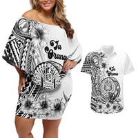 Ia Orana Tahiti Personalised Couples Matching Off Shoulder Short Dress and Hawaiian Shirt French Polynesia Hook Tattoo Special White Color LT9