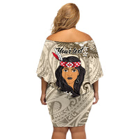 Personalized New Zealand Women's Day Family Matching Off Shoulder Short Dress and Hawaiian Shirt Maori Girl Feathers of Hope - Beige LT9 - Polynesian Pride