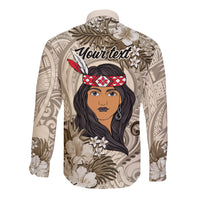 Personalized New Zealand Women's Day Long Sleeve Button Shirt Maori Girl Feathers of Hope - Beige LT9 - Polynesian Pride