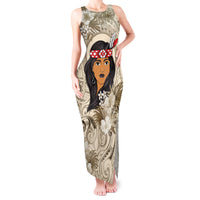 Personalized New Zealand Women's Day Tank Maxi Dress Maori Girl Feathers of Hope - Beige LT9 Women Beige - Polynesian Pride