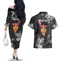New Zealand Custom Women's Day Couples Matching Off The Shoulder Long Sleeve Dress and Hawaiian Shirt Maori Girl Feathers of Hope - Black LT9 - Polynesian Pride