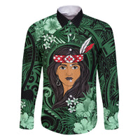 New Zealand Custom Women's Day Family Matching Puletasi and Hawaiian Shirt Maori Girl Feathers of Hope - Green LT9 Dad's Shirt - Long Sleeve Green - Polynesian Pride