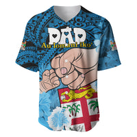 Personalised Dads Day Fiji Baseball Jersey Dad Au Lomani Iko - Polynesian Flowers Tribal LT9 Blue - Polynesian Pride