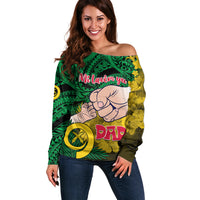 Dads Day Vanuatu Off Shoulder Sweater Dad Mi lavem yu - Polynesian Flowers Tribal LT9 Women Green - Polynesian Pride