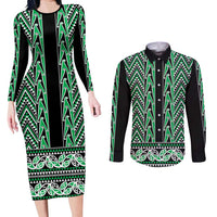 New Zealand Maori Niho Taniwha Couples Matching Long Sleeve Bodycon Dress and Long Sleeve Button Shirt Kakariki Mangopare and Puhoro Pattern