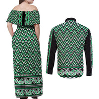 New Zealand Maori Niho Taniwha Couples Matching Off Shoulder Maxi Dress and Long Sleeve Button Shirt Kakariki Mangopare and Puhoro Pattern