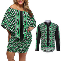 New Zealand Maori Niho Taniwha Couples Matching Off Shoulder Short Dress and Long Sleeve Button Shirt Kakariki Mangopare and Puhoro Pattern