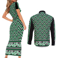 New Zealand Maori Niho Taniwha Couples Matching Short Sleeve Bodycon Dress and Long Sleeve Button Shirt Kakariki Mangopare and Puhoro Pattern