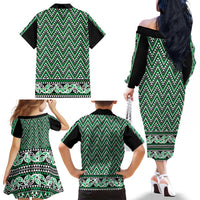 New Zealand Maori Niho Taniwha Family Matching Off The Shoulder Long Sleeve Dress and Hawaiian Shirt Kakariki Mangopare and Puhoro Pattern