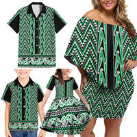 New Zealand Maori Niho Taniwha Family Matching Off Shoulder Short Dress and Hawaiian Shirt Kakariki Mangopare and Puhoro Pattern