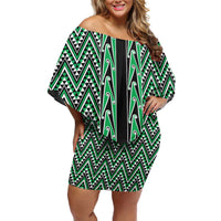 New Zealand Maori Niho Taniwha Family Matching Off Shoulder Short Dress and Hawaiian Shirt Kakariki Mangopare and Puhoro Pattern