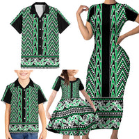 New Zealand Maori Niho Taniwha Family Matching Short Sleeve Bodycon Dress and Hawaiian Shirt Kakariki Mangopare and Puhoro Pattern