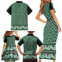 New Zealand Maori Niho Taniwha Family Matching Short Sleeve Bodycon Dress and Hawaiian Shirt Kakariki Mangopare and Puhoro Pattern