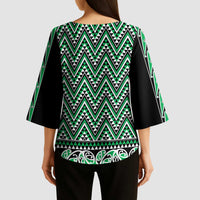 New Zealand Maori Niho Taniwha Kimono Sleeve Blouse Kakariki Mangopare and Puhoro Pattern - Polynesian Pride