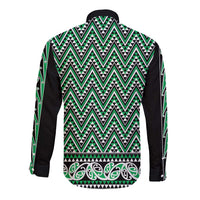 New Zealand Maori Niho Taniwha Long Sleeve Button Shirt Kakariki Mangopare and Puhoro Pattern